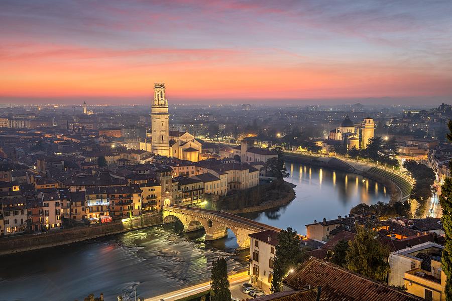 Architecture Photograph - Verona, Italy Town Skyline On The Adige #5 by Sean Pavone