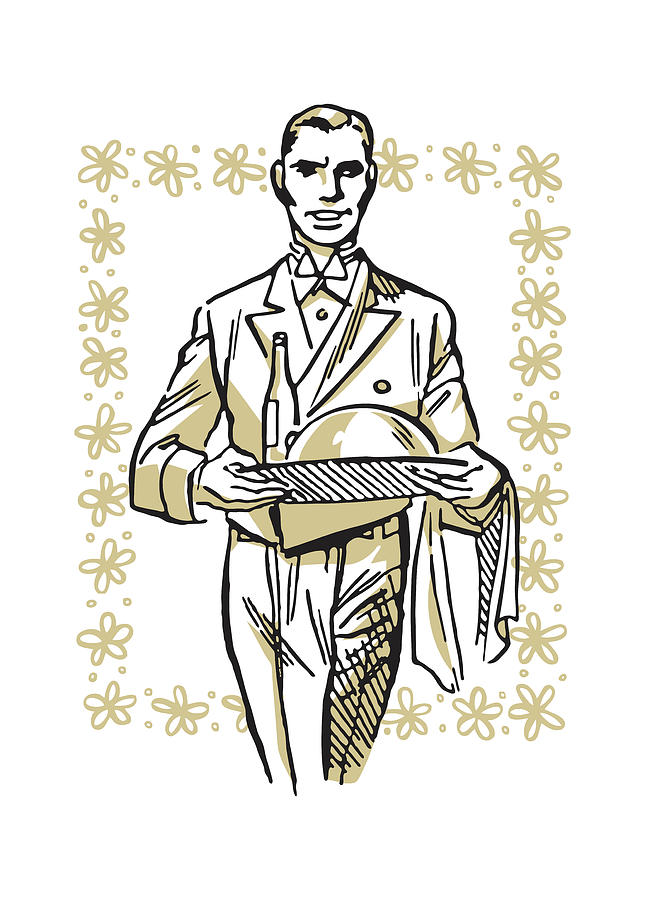 Vintage Drawing - Waiter with Covered Dish #5 by CSA Images