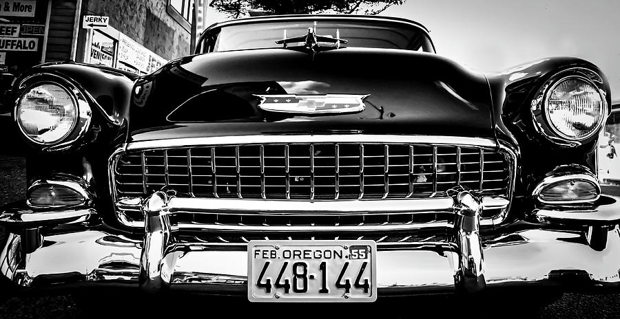 Black And White Photograph - 55 Chev Bel Air - Grille by Lyndee Miller is Fierce Ambition Imagery