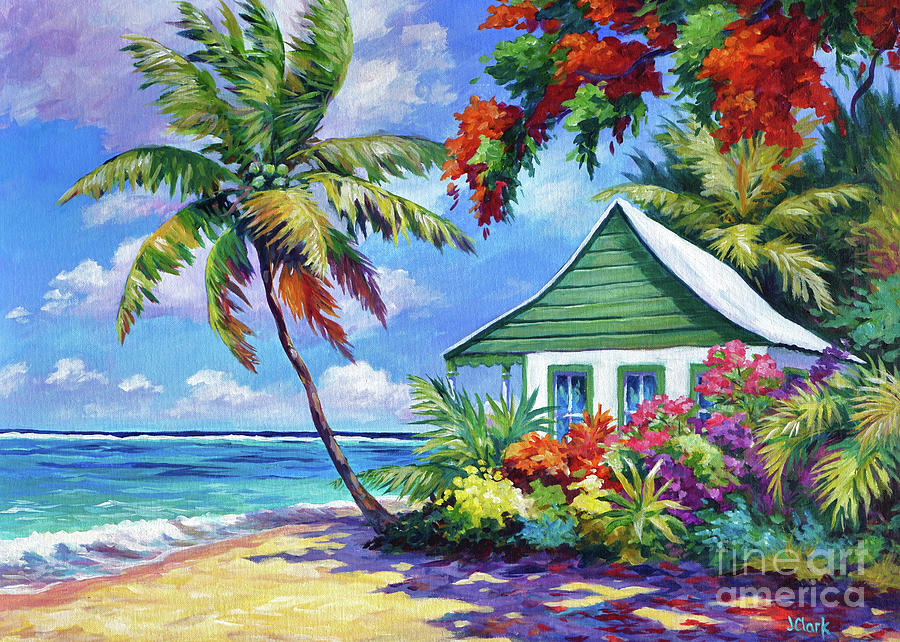 5x7 Green Cottage On The Beach Painting