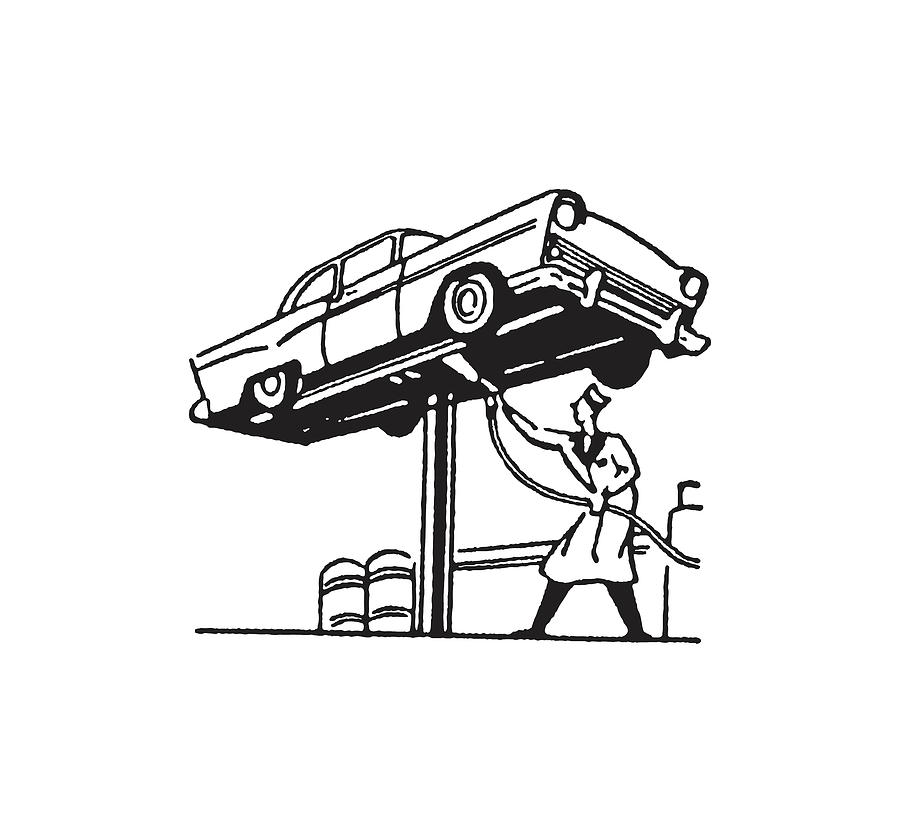 Black And White Drawing - Auto Mechanic Working on Lifted Car #6 by CSA Images