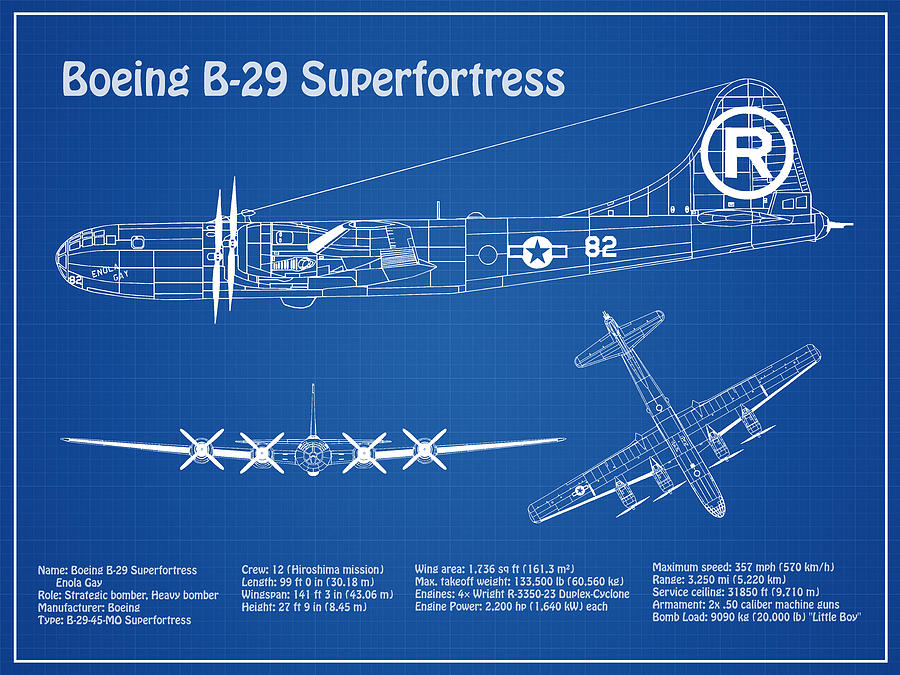 Transportation Drawing - B-29 Superfortress Enola Gay - Airplane Blueprint. Drawing Plans for the Boeing B-29 Superfortress #6 by SP JE Art