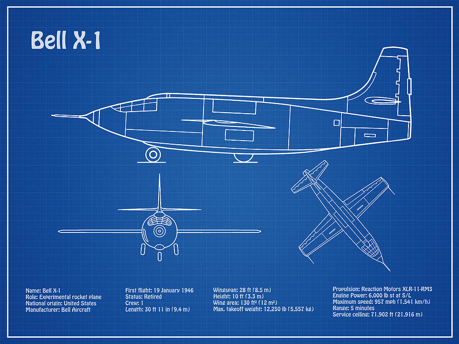 Transportation Drawing - Bell X-1 - Airplane Blueprint. Drawing Plans or Schematics with design outline for the Bell X-1  #6 by SP JE Art