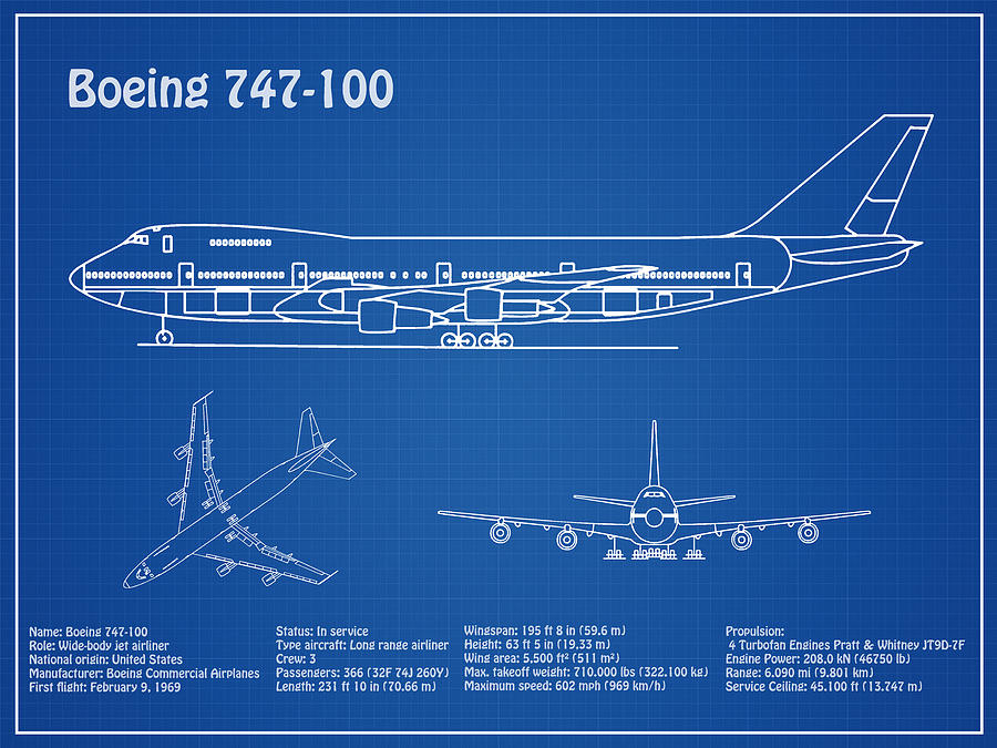 Boeing 747 - 100 - Airplane Blueprint. Drawing Plans or Schematics for