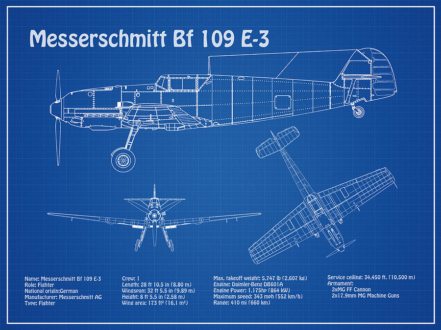 Transportation Drawing - Messerschmitt Bf 109 E-3 - Airplane Blueprint. Drawing Plans for the Messerschmitt Bf 109 E fighter  #6 by SP JE Art