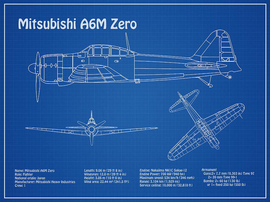 Mitsubishi A6m Zero - Airplane Blueprint. Drawing Plans For Mitsubishi A6m Reisen, Rei-sen Or Zeke #6 Drawing by SP JE Art
