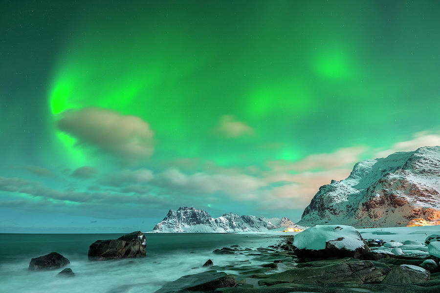 Norway, Nordland, Lofoten Islands, Vestvagoy, Uttakleiv Beach By Night With Aurora Borealis #6 Digital Art by Sebastian Wasek