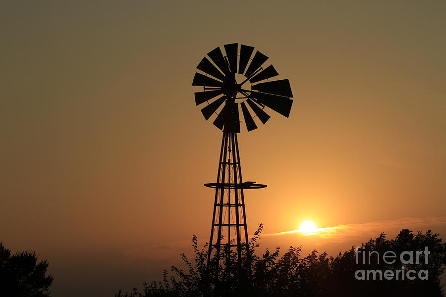 Sunset Digital Art - Orange and Gold Sunset with Windmill Silhouette #6 by Robert D Brozek