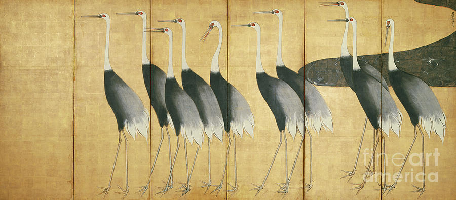 Crane Painting - 6 panel screen depicting Cranes, Edo Period  by Ogata Korin