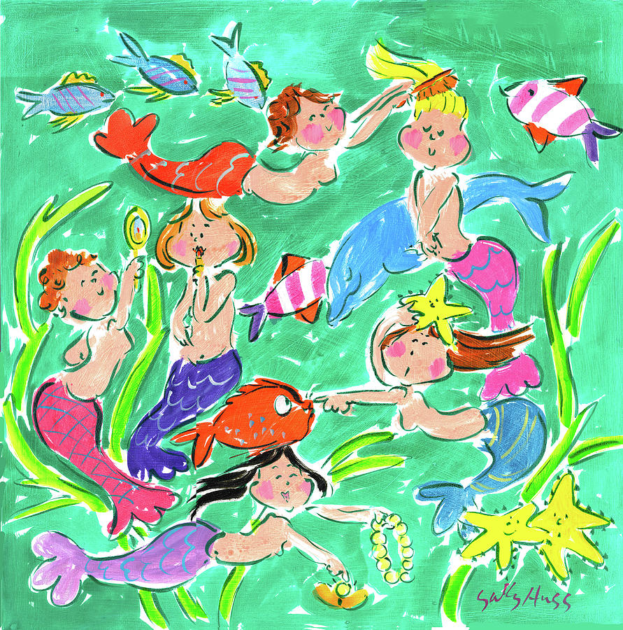 Mermaids Painting - 6 Pretty Mermaids by Sally Huss Mermaids Painting - 6 Pretty Mermaids by Sally Huss