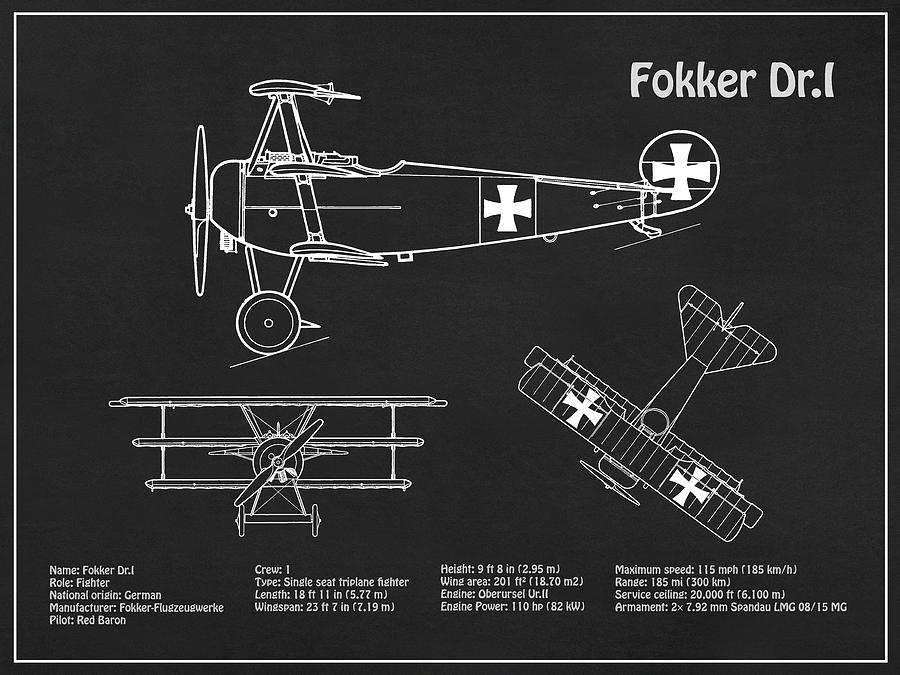 Transportation Drawing - Red Baron Fokker Dr.1 - Airplane Blueprint. Drawing Plans For The Wwi Fokker Dr1 #6 by SP JE Art