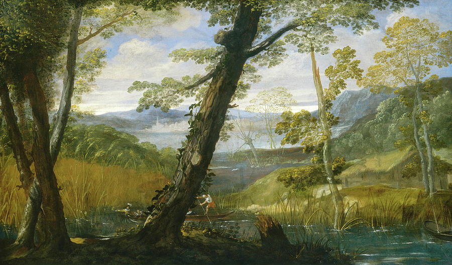Annibale Carracci Painting - River Landscape #6 by Annibale Carracci