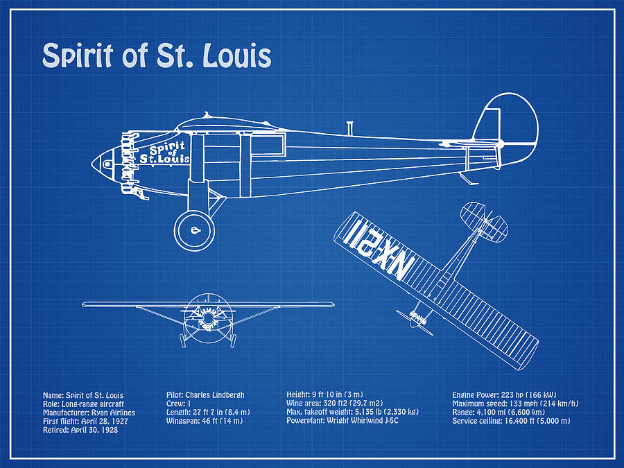 Spirit of St. Louis Airplane Blueprint. Drawing Plans of Spirit of St. Louis of Charles Lindbergh #6 Drawing by SP JE Art