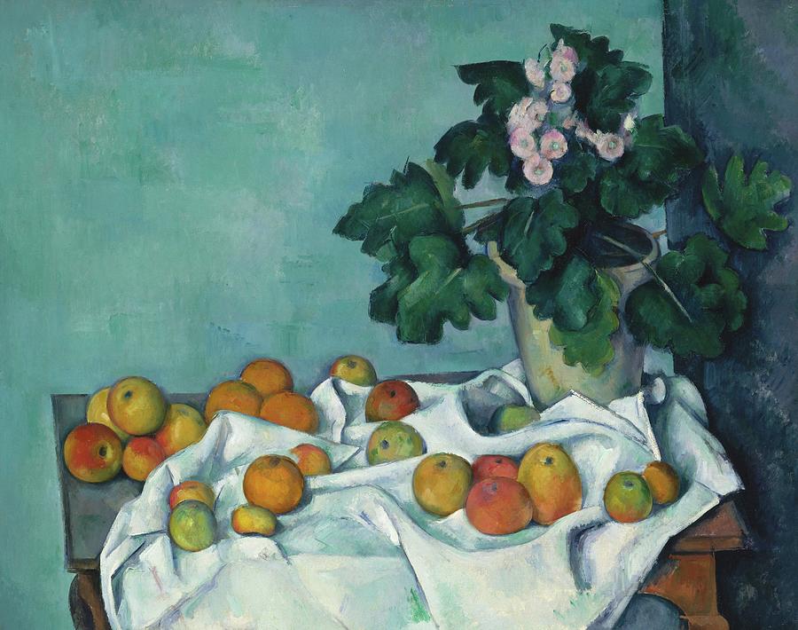 Paul Cezanne Painting - Still Life With Apples And A Pot Of Primroses by Paul Cezanne