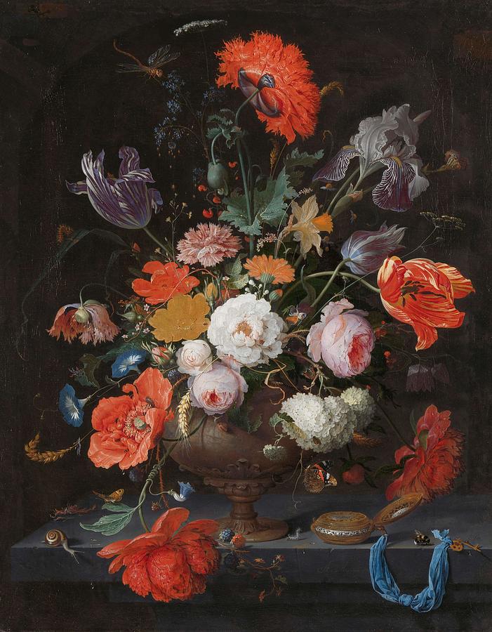 Still Life with Flowers and a Watch. #6 Painting by Abraham Mignon
