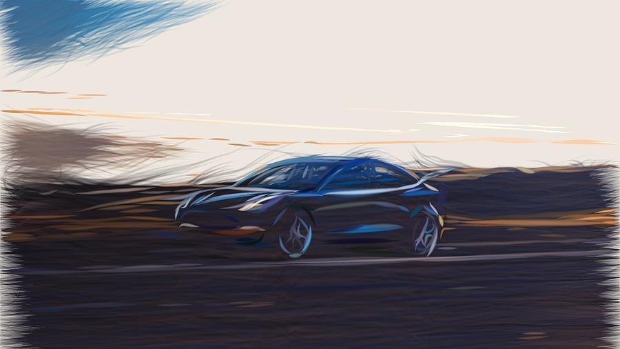 Tesla Model 3 Drawing #7 Digital Art by CarsToon Concept