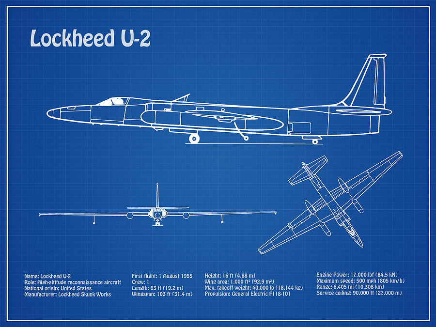 Transportation Drawing - Lockheed U-2 Dragon Lady - Airplane Blueprint Drawing Plans - AD by SP JE Art