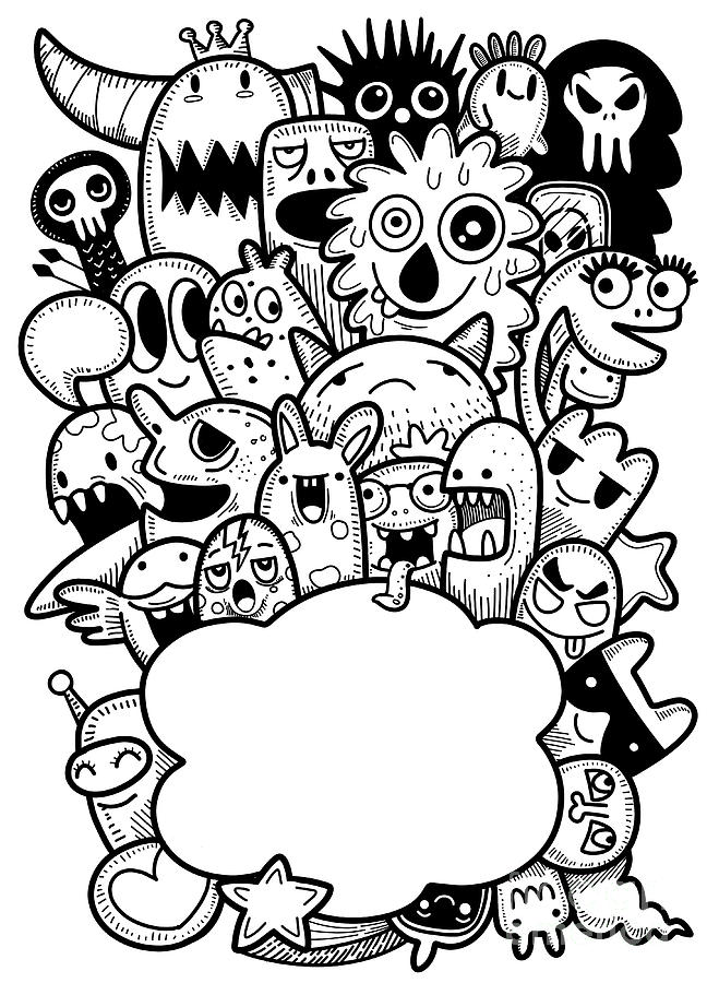 Vector illustration of Doodle cute Monster background ,Hand draw Digital Art  by Pakpong Pongatichat - Pixels