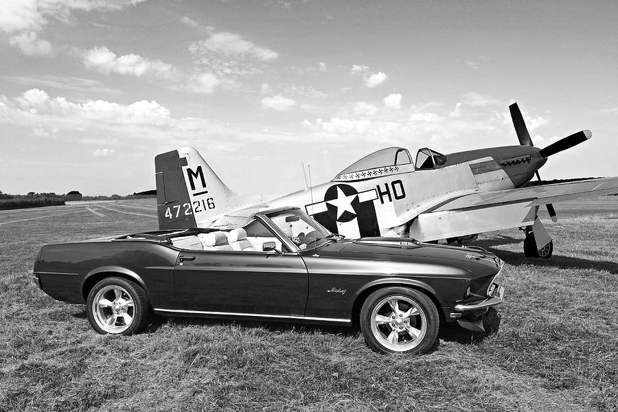 69 Mustang Convertible With p-51 in Black And White Photograph by Gill Billington