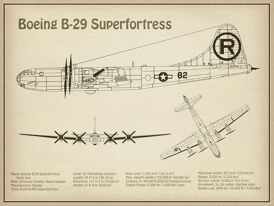 Transportation Drawing - B-29 Superfortress Enola Gay - Airplane Blueprint. Drawing Plans for the Boeing B-29 Superfortress #7 by SP JE Art