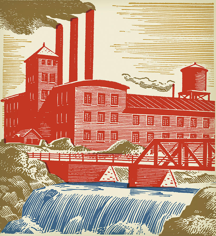 Vintage Drawing - Factory with Smokestacks #7 by CSA Images