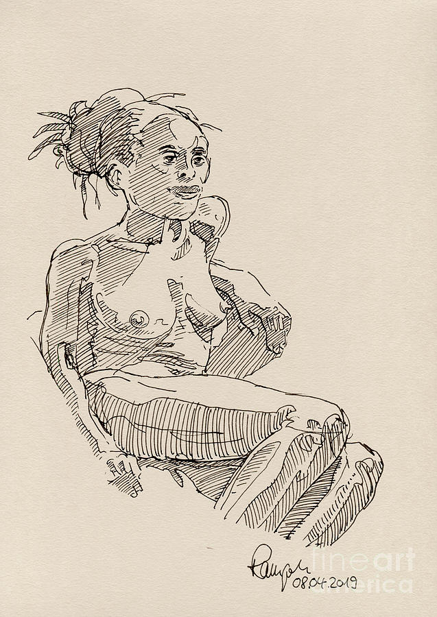 Nude Drawing - Female Figure Drawing Fountain Pen Ink #7 by Frank Ramspott