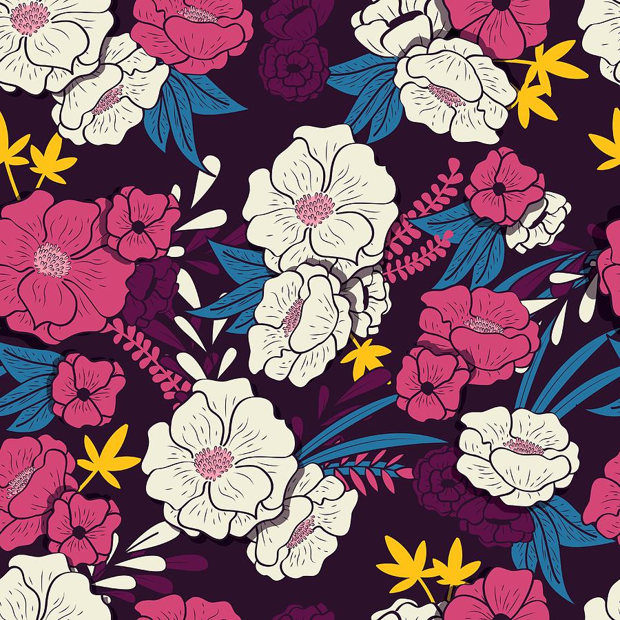 Floral jungle with snakes seamless pattern, tropical flowers and