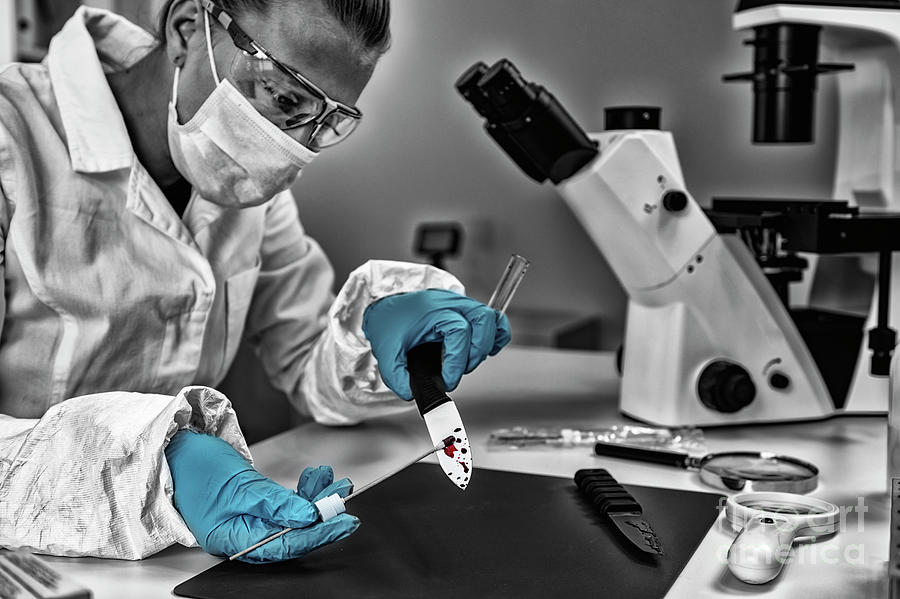 Forensic Investigator Examining Evidence In Lab Photograph By Microgen Images Science Photo Library