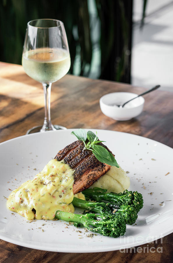 Grilled Salmon Fish Fillet With Mashed Potato And Mustard Sauce Photograph