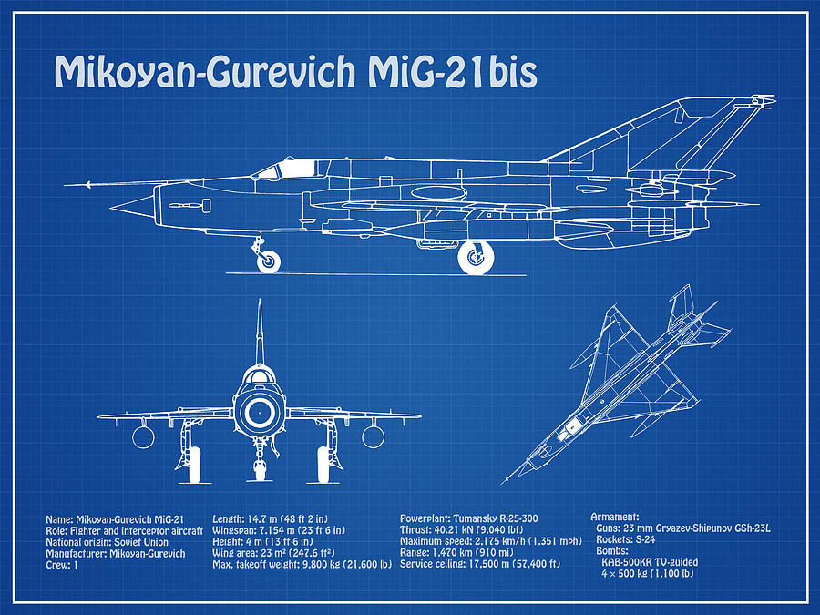 MiG-21 bis - Airplane Blueprint. Drawing Plans outline for Mikoyan ...