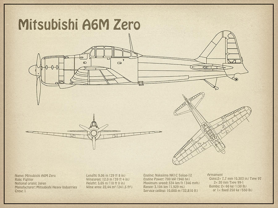 Transportation Drawing - Mitsubishi A6m Zero - Airplane Blueprint. Drawing Plans For Mitsubishi A6m Reisen, Rei-sen Or Zeke #7 by SP JE Art