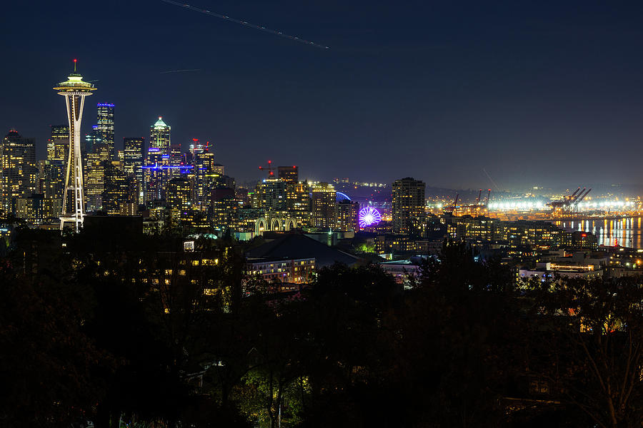 Night View Of The Seattle Skyline With The Space Needle And Other Iconic Buildings In The Background Photograph