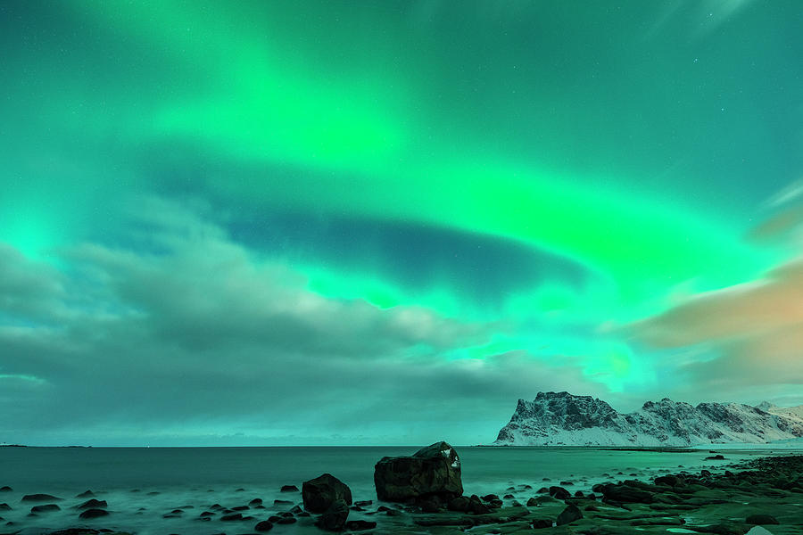 Norway, Nordland, Lofoten Islands, Vestvagoy, Uttakleiv Beach By Night With Aurora Borealis #7 Digital Art by Sebastian Wasek