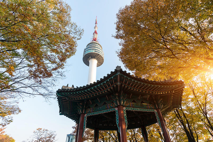 Seoul Tower With Yellow And Red Autumn Photograph by Prasit Rodphan ...