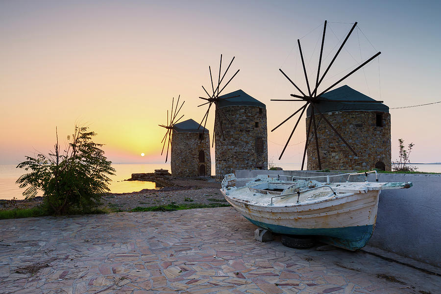 Greek Photograph - Sunrise Image Of The Iconic Windmills In Chios Town. #7 by Cavan Images