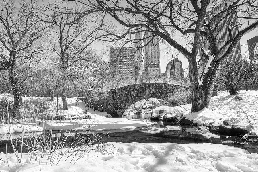 Usa, New York City, Manhattan Central Park, Gapstow Bridge In Winter With Snow, Skyscrapers #7 Digital Art by Lumiere