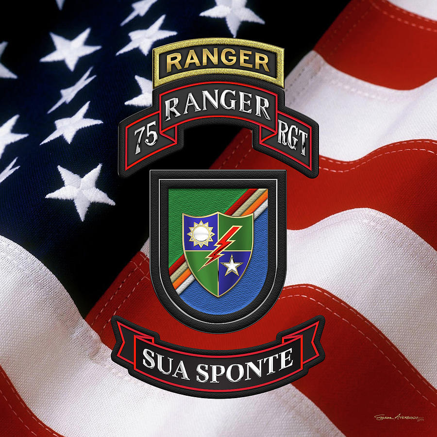Military Digital Art - 75th Ranger Regiment - Army Rangers Insignia with Beret Flash over American Flag by Serge Averbukh