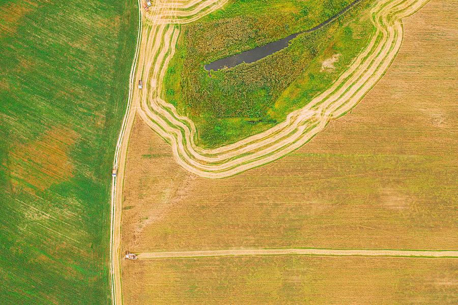 Summer Photograph - Aerial View Of Rural Landscape. Combine #8 by Ryhor Bruyeu