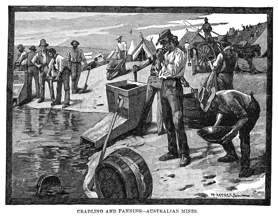 Cradling and Panning--Australian Mines, 1852 Drawing by Granger