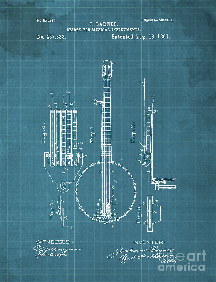 Patent Drawing - Bridge For Musical Instruments Patent Year 1891 by Drawspots Illustrations Patent Drawing - Bridge For Musical Instruments Patent Year 1891 by Drawspots Illustrations