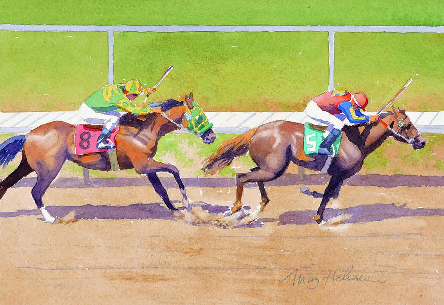 Horse Painting - 8 Chasing 5 at Del Mar by Mary Helmreich