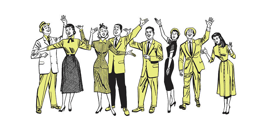 Vintage Drawing - Crowd of People Smiling with Hands in Air #8 by CSA Images