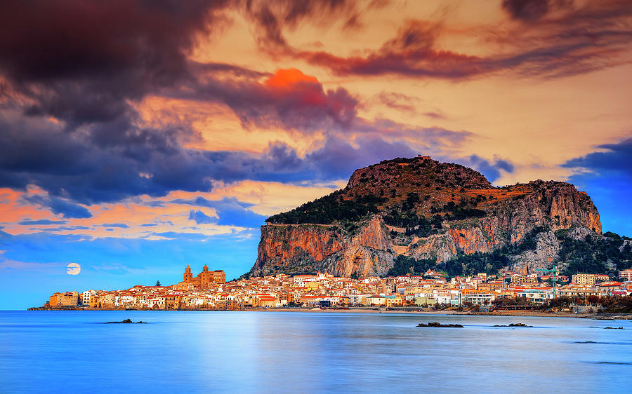 Italy, Sicily, Palermo District, Mediterranean Sea, Tyrrhenian Sea, Cefalu, View At Sunset #8 Digital Art by Antonino Bartuccio