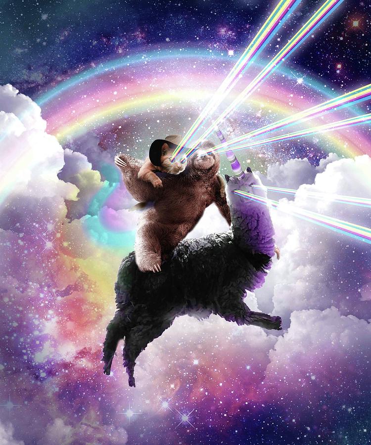 Laser Eyes Space Cat Riding Sloth Llama Rainbow Digital Art By Random