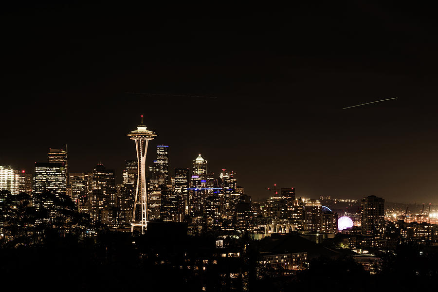 Night View Of The Seattle Skyline With The Space Needle And Other Iconic Buildings In The Background Photograph