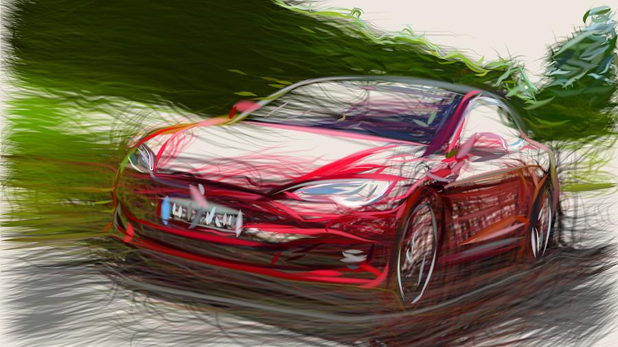 Tesla Model S P100D Drawing #9 Digital Art by CarsToon Concept