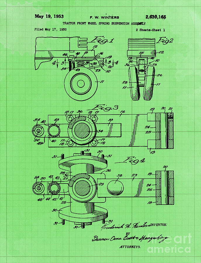 Tractor Drawing - Tractor Front Wheel Spring Suspension Assembly Patent Year 1953 by Drawspots Illustrations