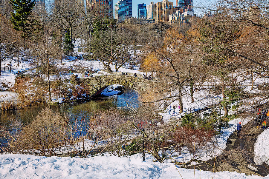Central Park Digital Art - Usa, New York City, Manhattan Central Park, Gapstow Bridge In Winter With Snow, Skyscrapers #8 by Lumiere