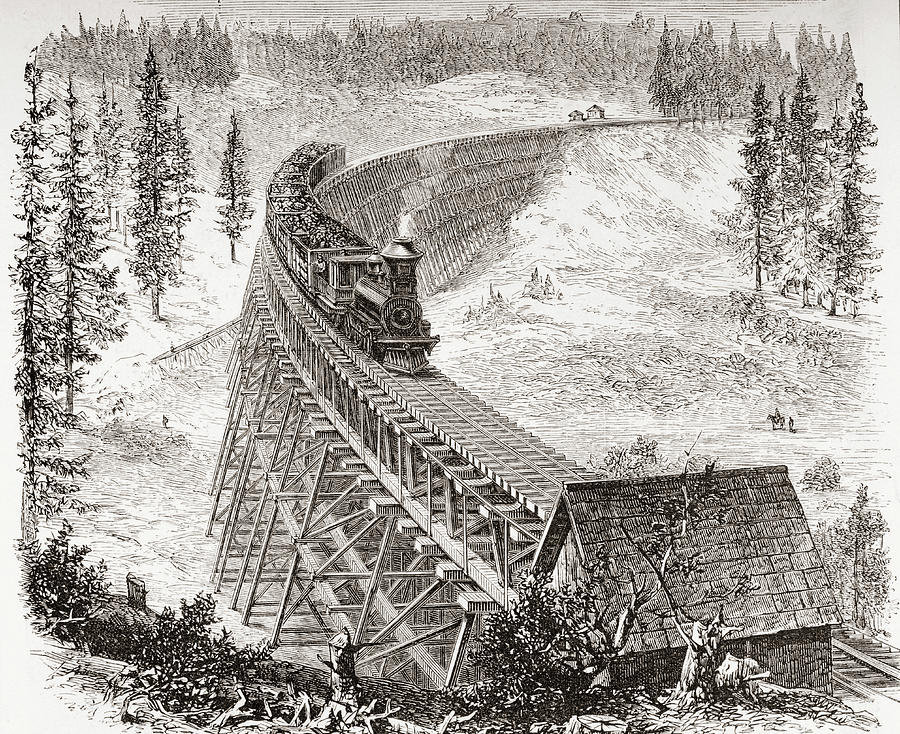 Trestle bridge of the Central Pacific Railroad in the 1870s. Drawing by ...