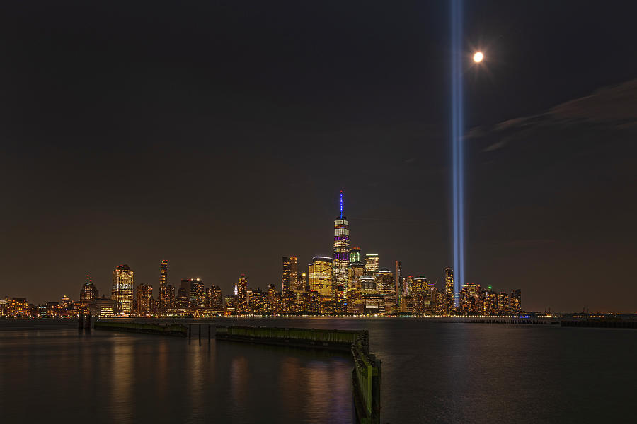 Pier Photograph - 9/11  Memorial Of Light With Moon by Angelo Marcialis